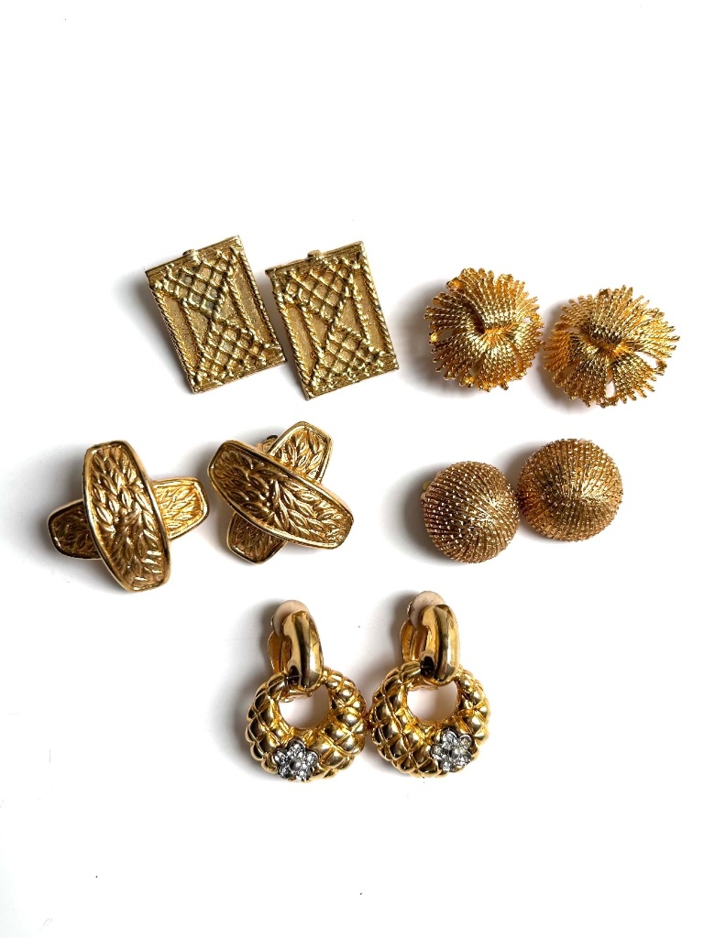 Vintage Costume Jewelry Designer Look Gold-ton Clip-on Earrings 5 Pairs